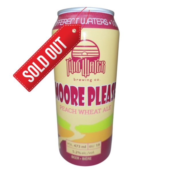 Can of Moore Please American Pale Wheat Beer. The can label is colourful and shows a "Sold Out" tag.